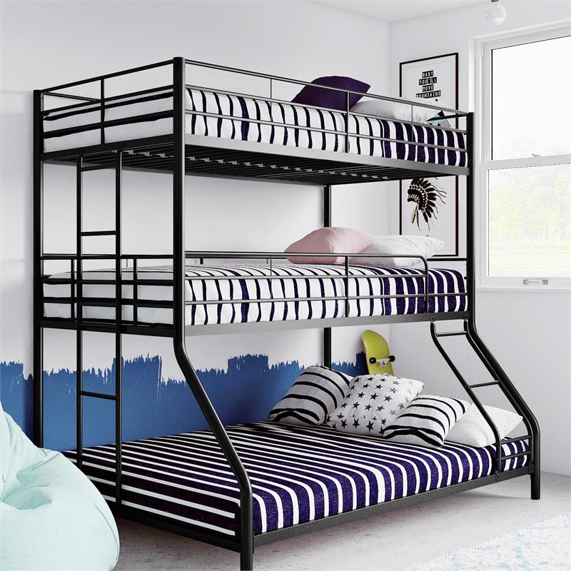 Pemberly Row Metal Triple Bunk Bed Bed for Kids Twin/Twin/Full in Black