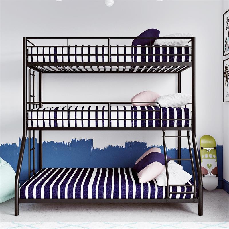Pemberly Row Metal Triple Bunk Bed Bed for Kids Twin/Twin/Full in Black