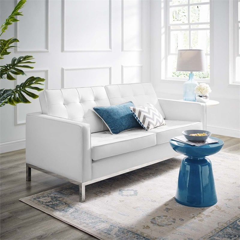 Pemberly Row Modern Faux Leather Tufted Upholstered Loveseat in White/Silver