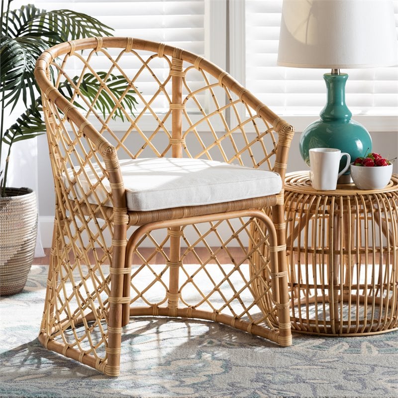 Pemberly Row White Fabric Upholstered and Brown Rattan Dining Chair