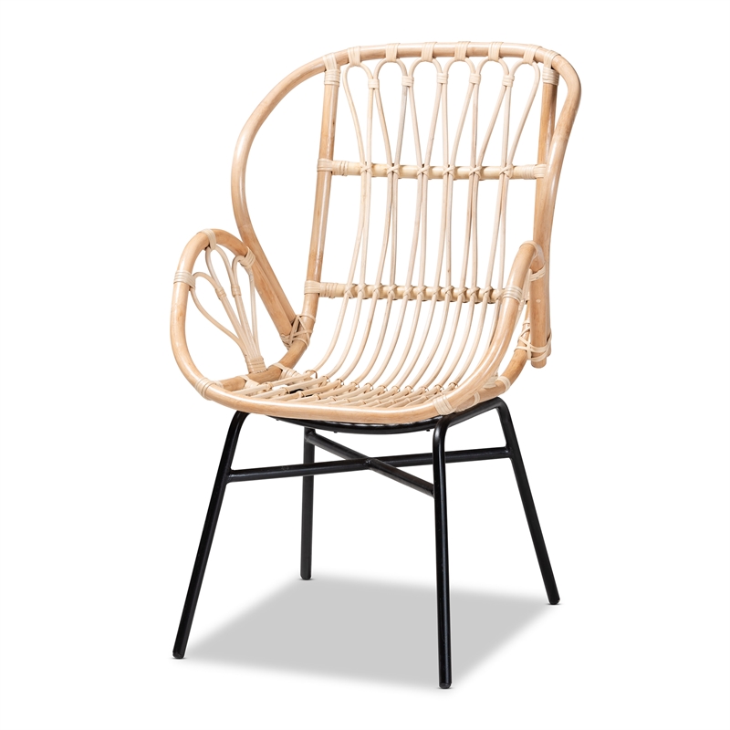 Pemberly Row Modern Bohemian Natural Brown Rattan and Black Metal Chair