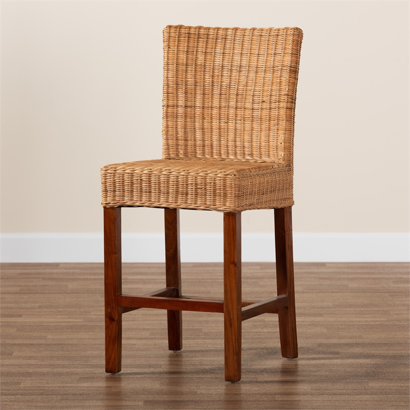 Pemberly Row Modern Natural Rattan and Mahogany Wood Counter Stool