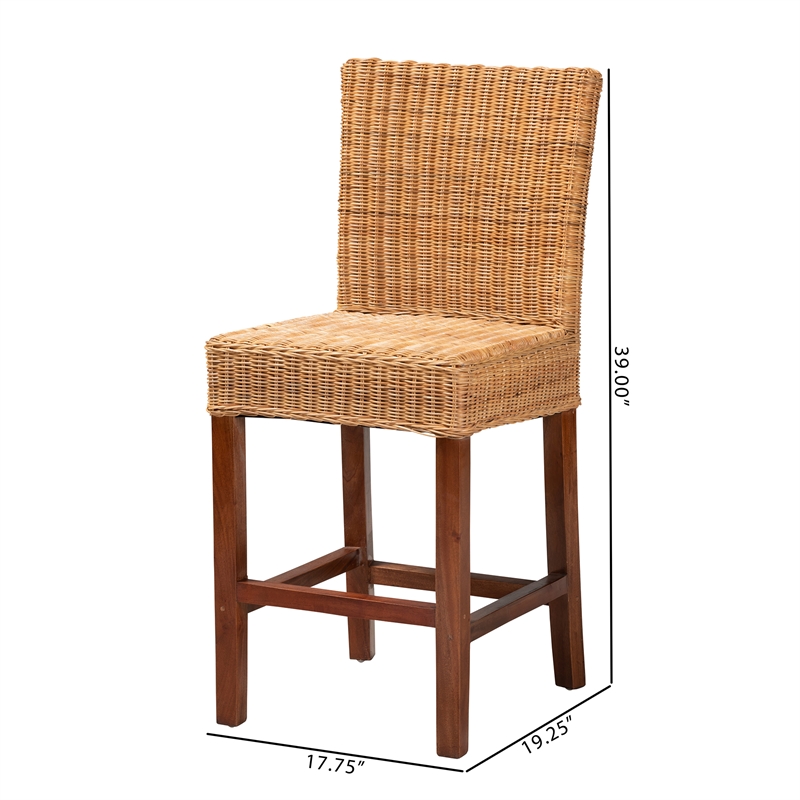 Pemberly Row Modern Natural Rattan and Mahogany Wood Counter Stool