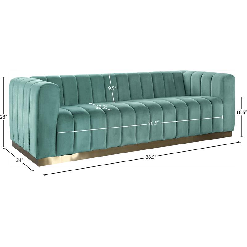 Pemberly Row Contemporary Velvet/Stainless Steel Sofa in Mint/Brushed Gold