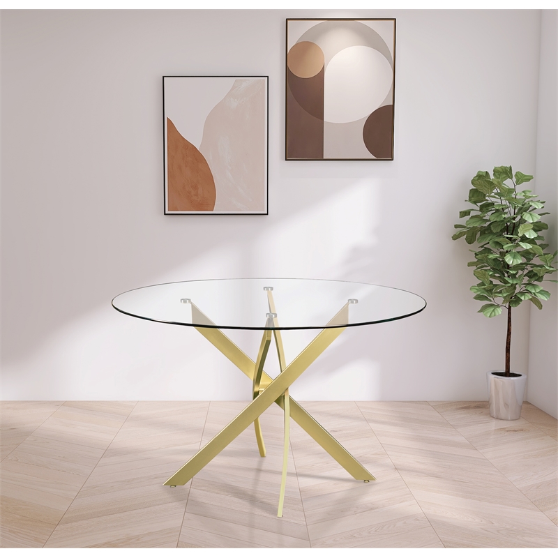 Pemberley Row Glass Brushed Gold Dining Table Round Contemporary 48