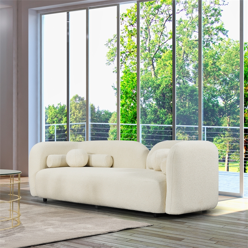 Pemberly Row Luxury Modern Ivory Boucle Fabric Curvy Arm Couch