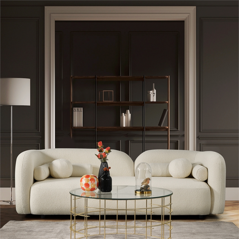 Pemberly Row Luxury Modern Ivory Boucle Fabric Curvy Arm Couch