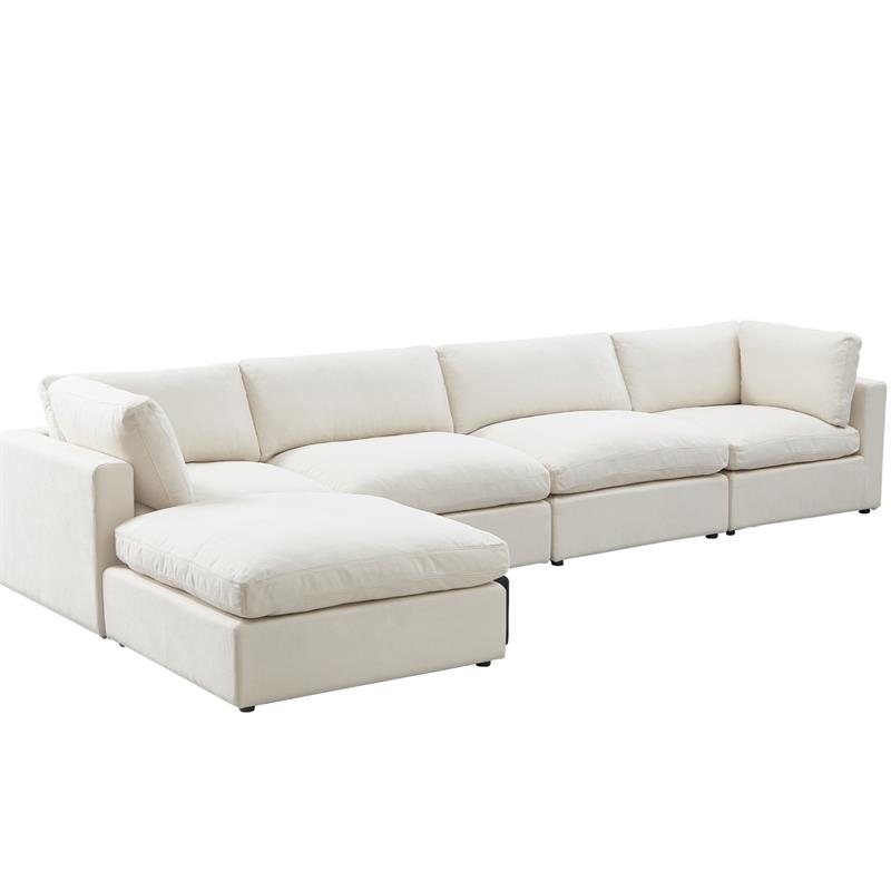 Pemberly Row Sofa Cream White Linen Upholstered 4 Seat and Ottoman