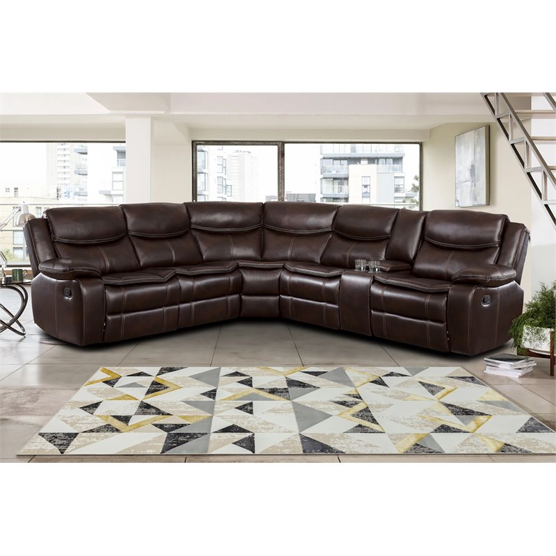 Pemberly Row 3-Piece Traditional Wood & Faux Leather Sectional Set in Brown
