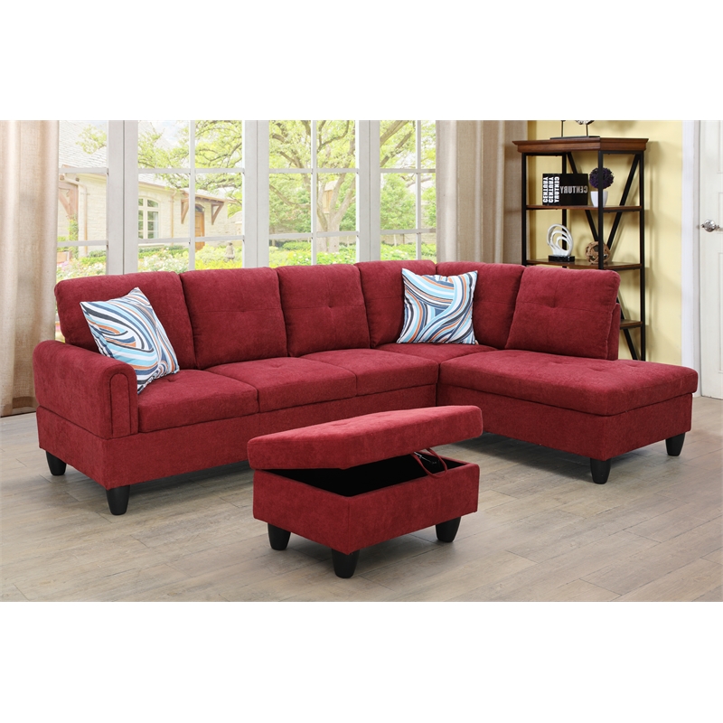 Pemberly Row Modern 3PC Sectional Sofa with Ottoman in Red Finish
