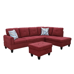 Pemberly Row Modern 3PC Sectional Sofa with Ottoman in Red Finish