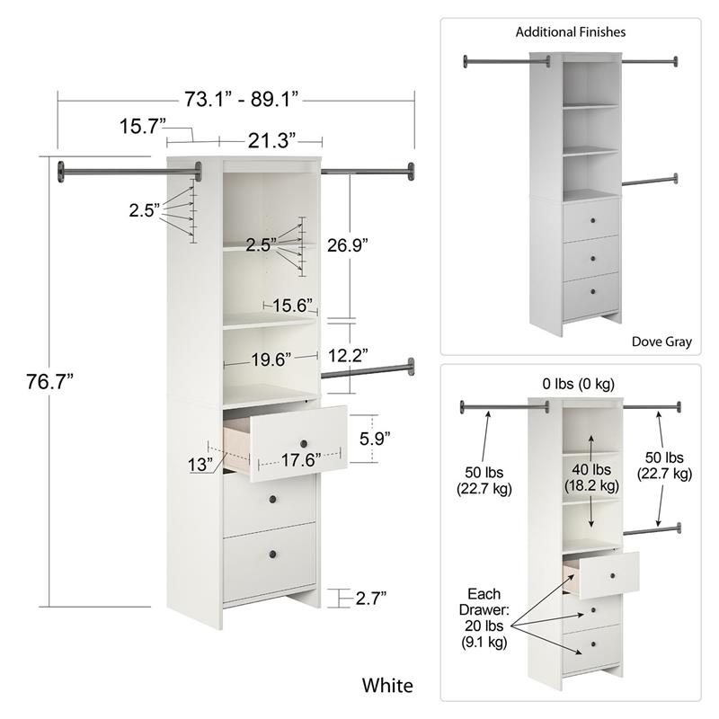 Pemberly Row Modern Closet Storage Organizer in White Finish