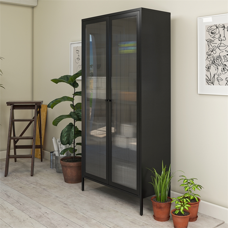 Pemberley Row Powder Coated Metal Black Storage Cabinet Rectangular Fluted Glass 72.83