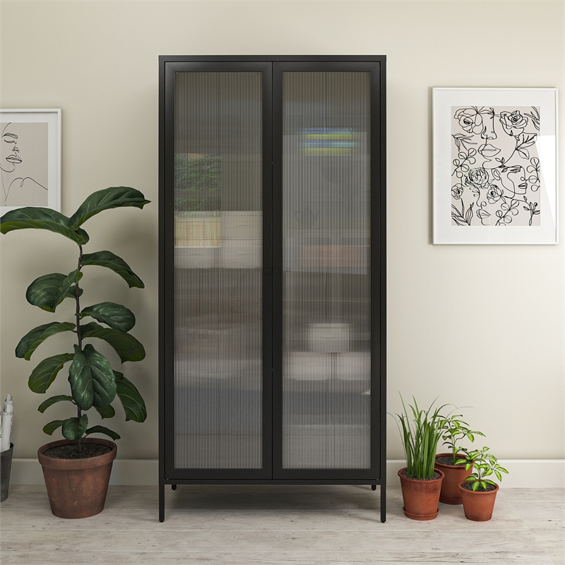 Pemberley Row Powder Coated Metal Black Storage Cabinet Rectangular Fluted Glass 72.83