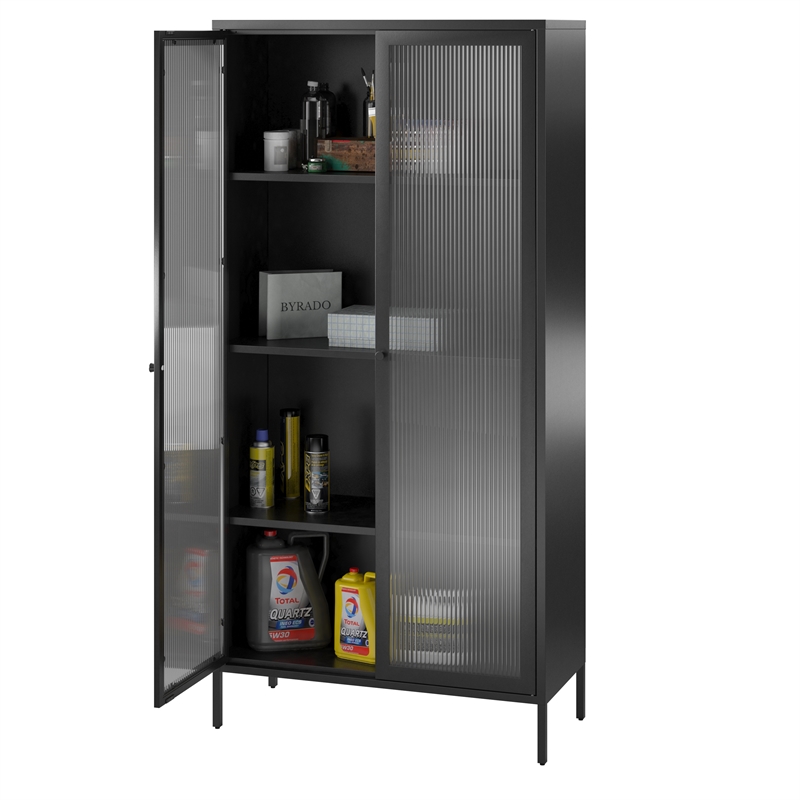Pemberley Row Powder Coated Metal Black Storage Cabinet Rectangular Fluted Glass 72.83
