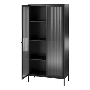 Pemberley Row Powder Coated Metal Black Storage Cabinet Rectangular Fluted Glass 72.83&quot Unassembled