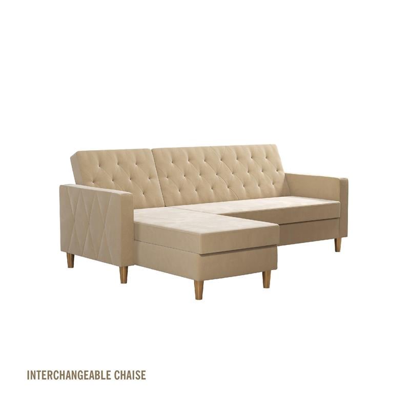Pemberly Row Modern Reversible Sectional/Futon in Ivory Velvet