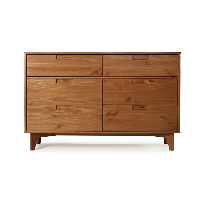 Pemberly Row 6 Drawer Mid Century Modern Wood Dresser in Caramel