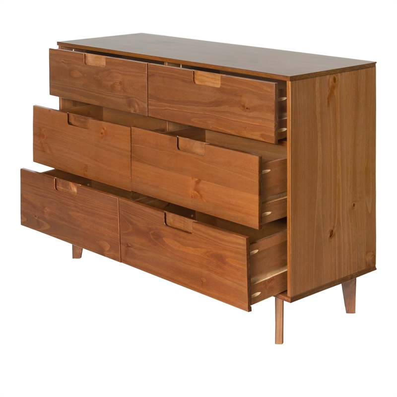 Pemberly Row 6 Drawer Mid Century Modern Wood Dresser in Caramel