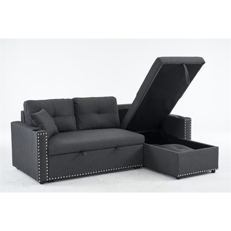 Pemberly Row Fabric Sleeper Sofa with Storage Compartment in Dark Gray