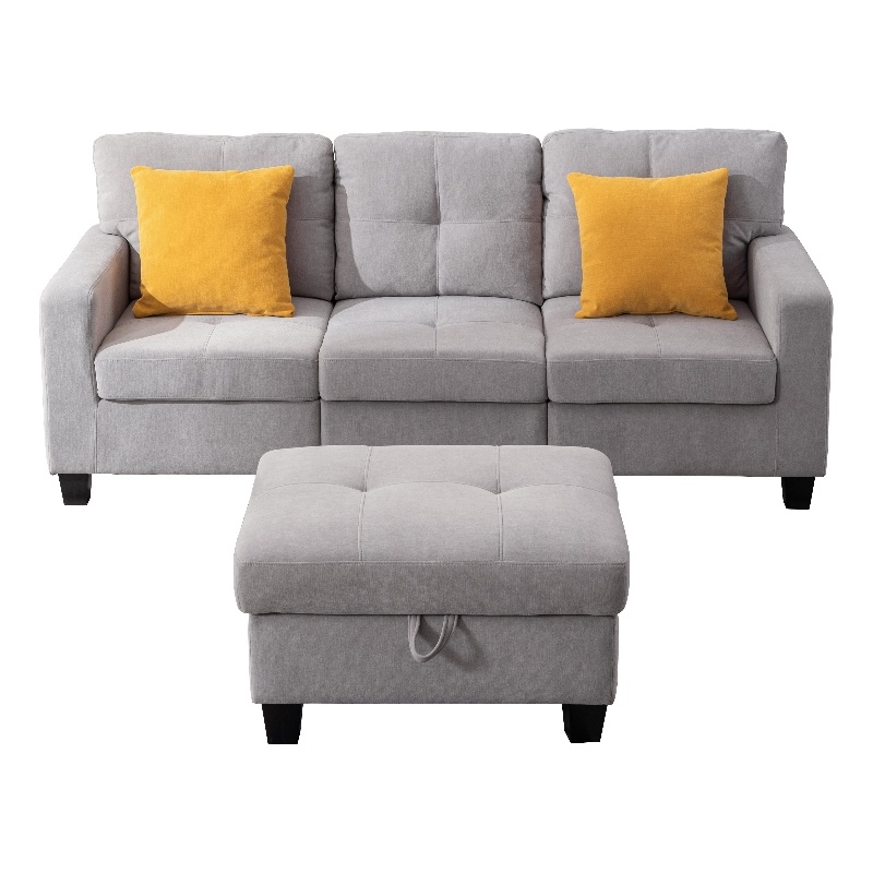 Pemberly Row 4pc Solid Wood Modular Sectional Sofa Couch & Ottoman in Light Gray