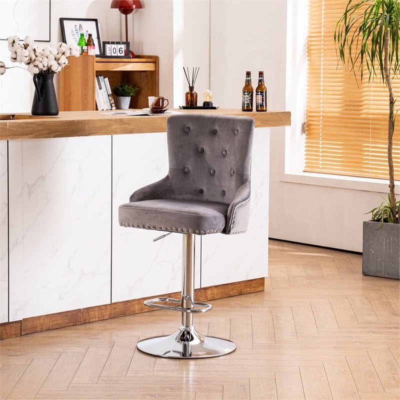 Pemberly Row Adjustable Modern Velvet Swivel Bar Stool in Gray (Set of 4)
