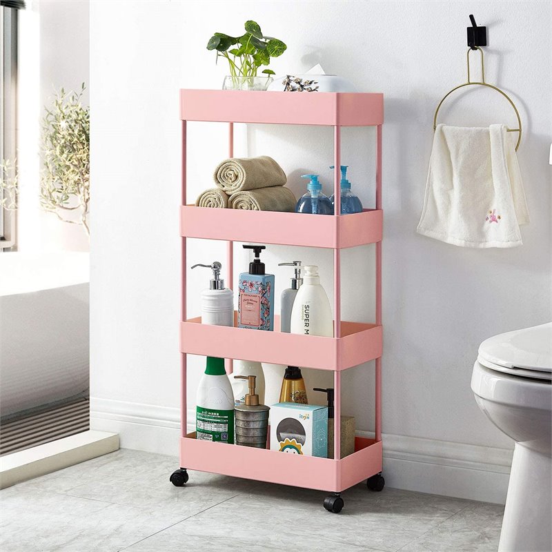 Pemberly Row 4-Tier Plastic Storage Rolling Cart with Slim Shelves in Pink