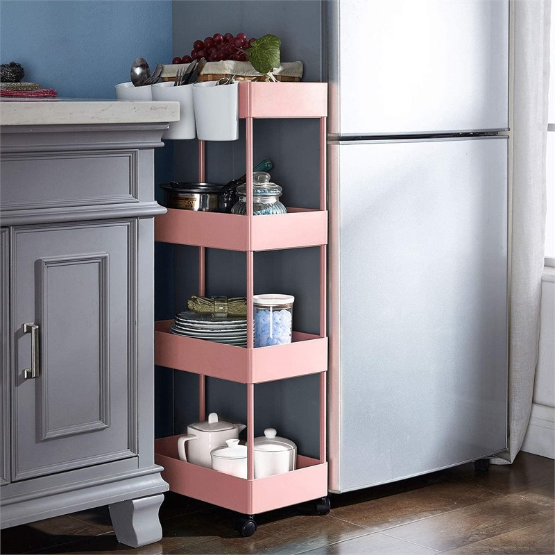 Pemberly Row 4-Tier Plastic Storage Rolling Cart with Slim Shelves in Pink