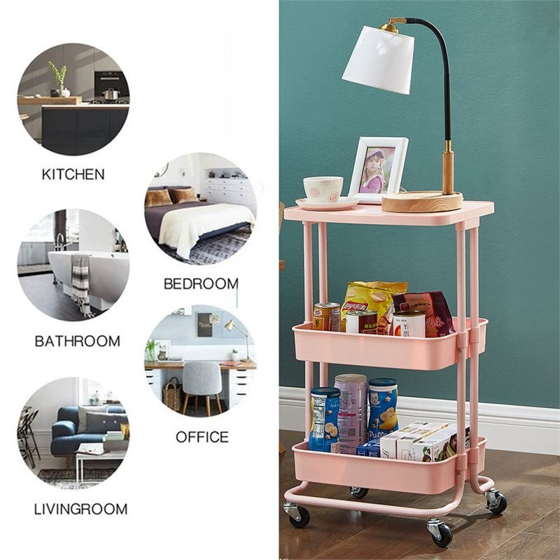 Pemberly Row 2-Tier Table Top Plastic Storage Trolley Rolling Cart in Pink