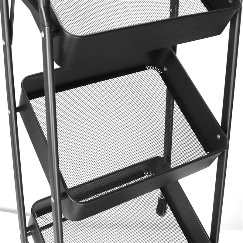 Pemberly Row 3-Tier Metal Storage Utility Rolling Cart with Foldable in Black