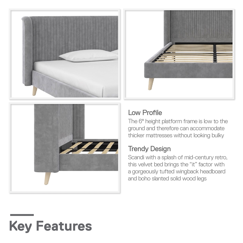 Pemberly Row Upholstered Wingback Queen Bed Frame in Light Gray