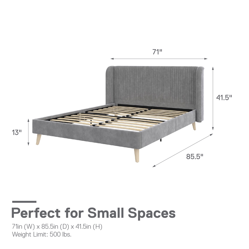 Pemberly Row Upholstered Wingback Queen Bed Frame in Light Gray
