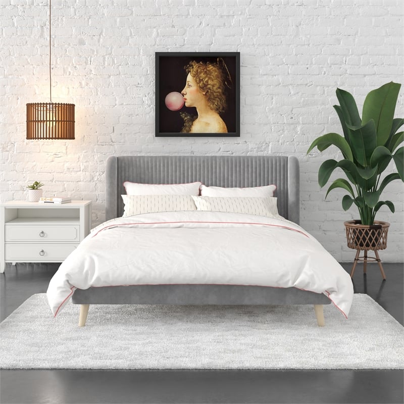 Pemberly Row Upholstered Wingback Queen Bed Frame in Light Gray