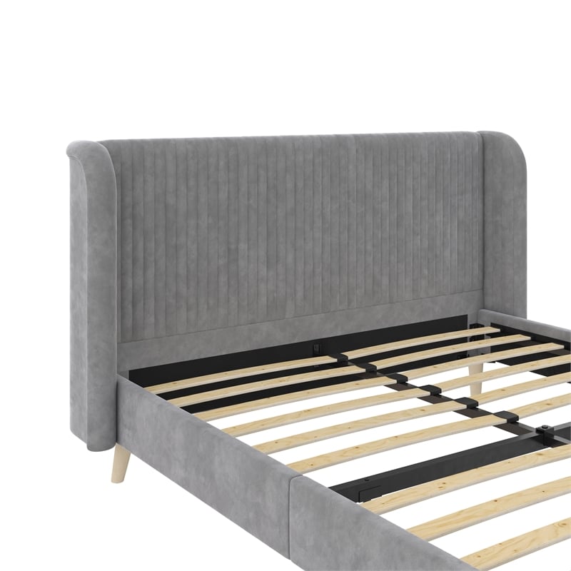 Pemberly Row Upholstered Wingback Queen Bed Frame in Light Gray