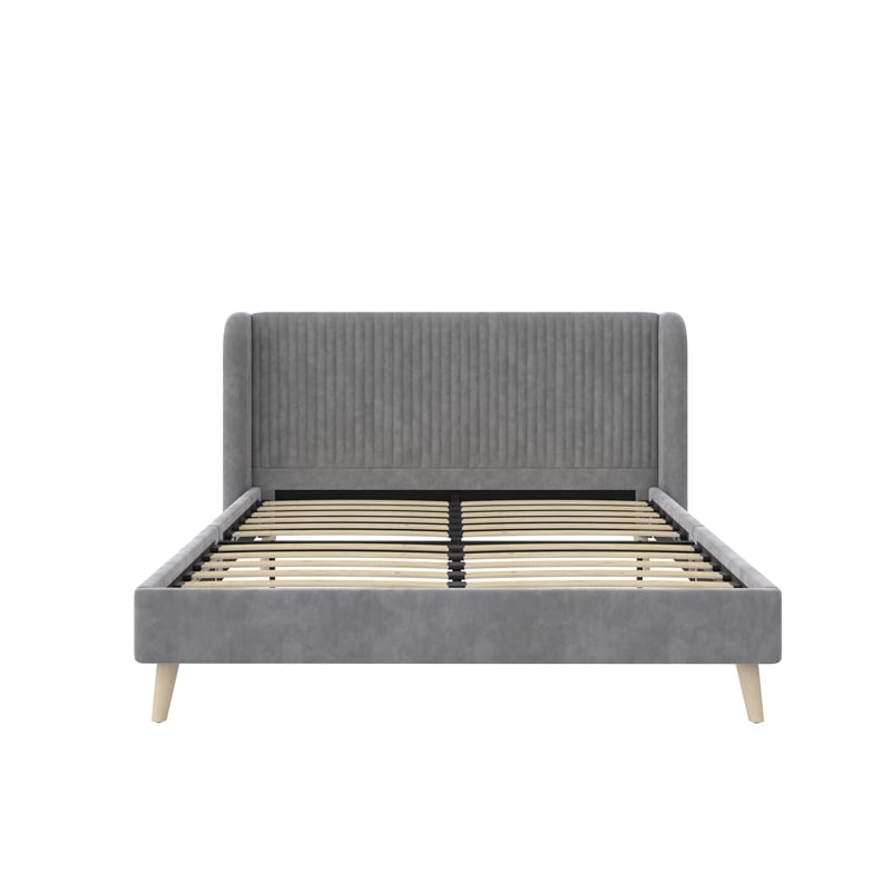 Pemberly Row Upholstered Wingback Queen Bed Frame in Light Gray