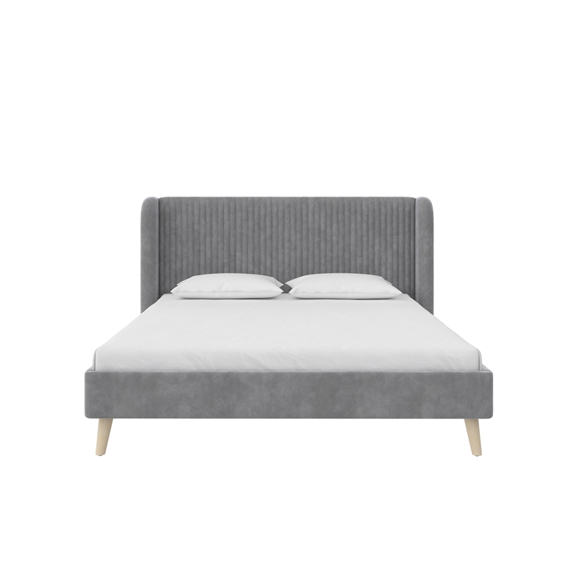 Pemberly Row Upholstered Wingback Queen Bed Frame in Light Gray