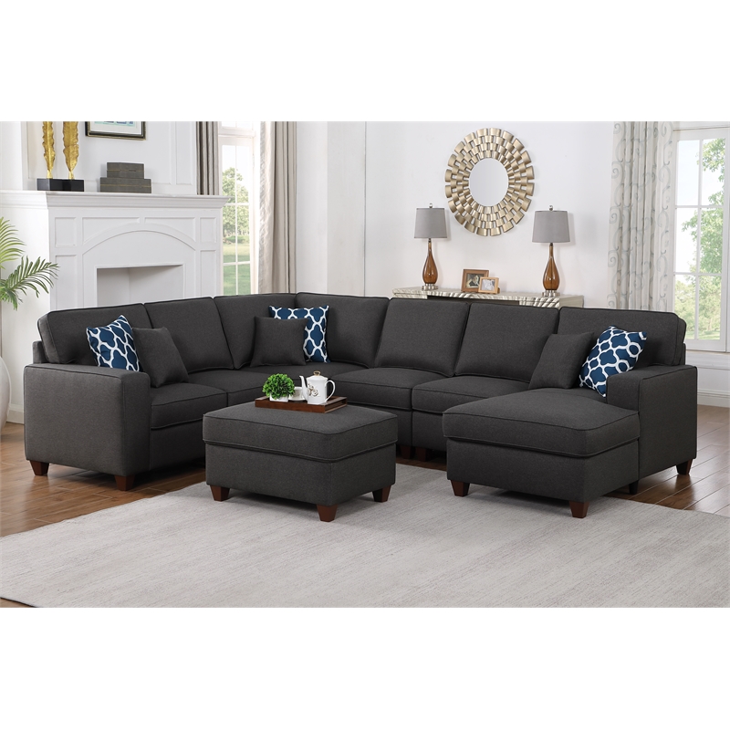 Pemberly Row 7-Piece Upholstered Modern Fabric Sectional in Dark Gray
