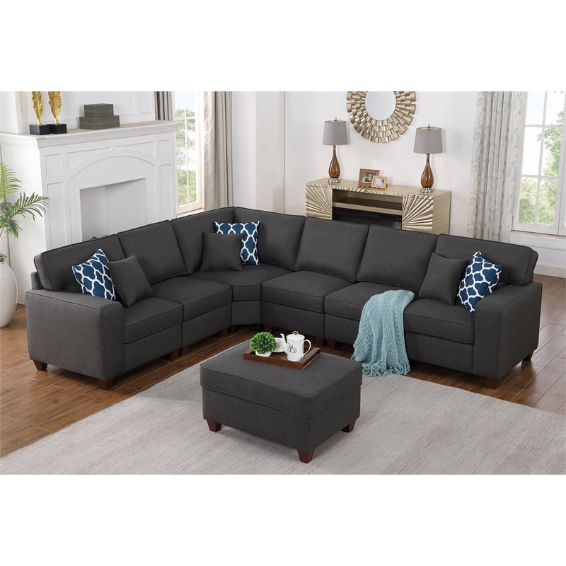 Pemberly Row 7-Piece Upholstered Fabric Sectional with Ottoman in Gray