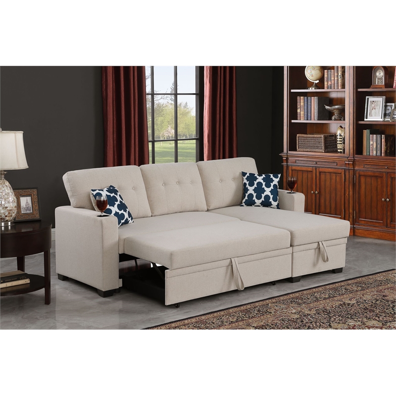 Pemberly Row Reversible Fabric Sleeper Sofa Bed & Chaise with Cup Holder-Beige
