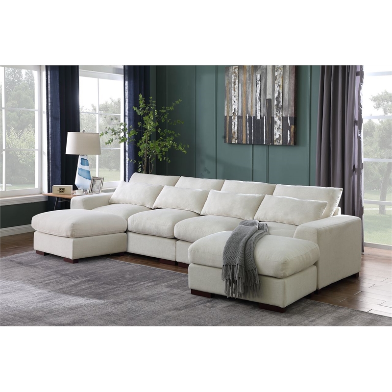 Pemberly Row Fabric Modular Sectional Sofa & Chaise w/2 Ottomans in Beige