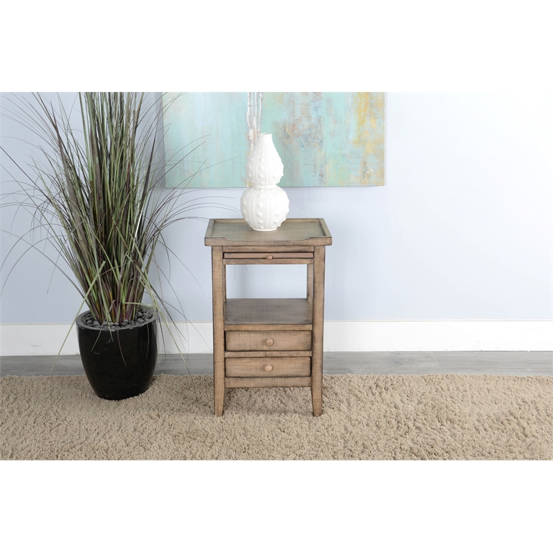 Pemberly Row Traditional Beach Pebble Solid Wood and Veneers Side Table in Oak