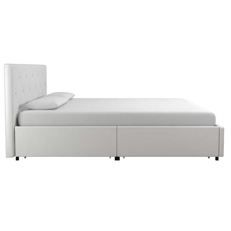 Pemberly Row White Faux Leather Upholstered Queen Bed with Storage