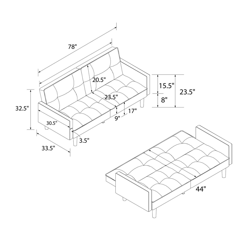 Pemberly Row Convertible Sofa Sleeper Futon in Gray Microfiber