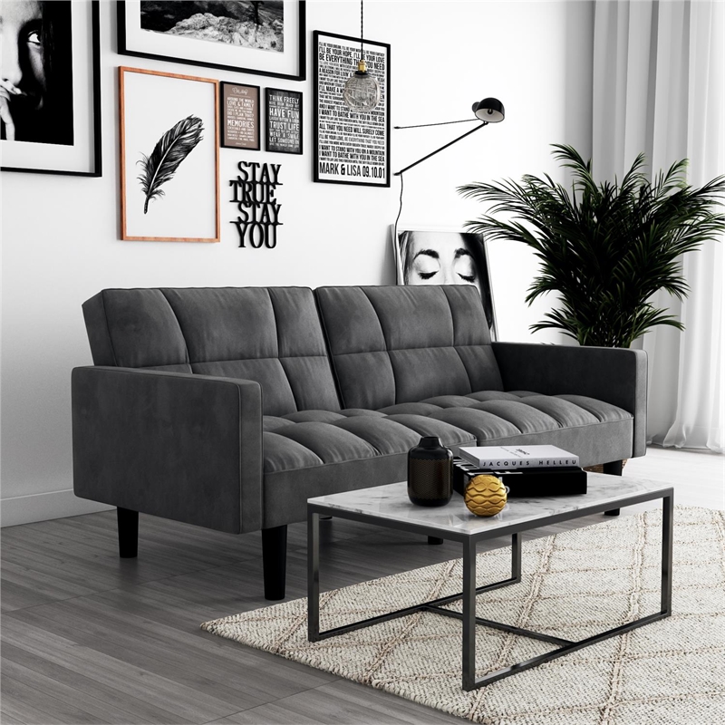 Pemberly Row Convertible Sofa Sleeper Futon in Gray Microfiber
