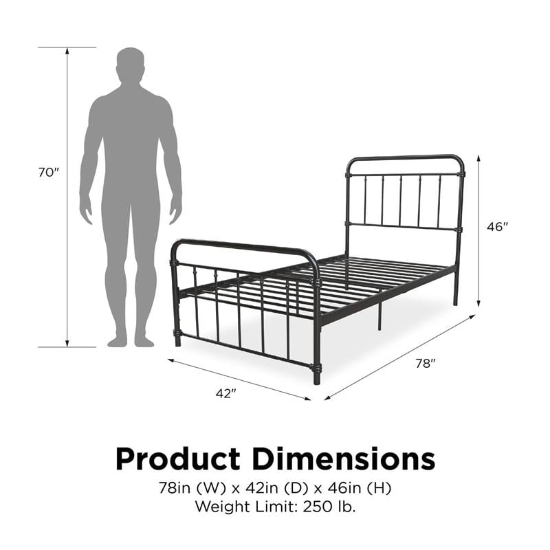 Pemberly Row Metal Platform Bed with Rustic Design and Curved Edge Twin in Black