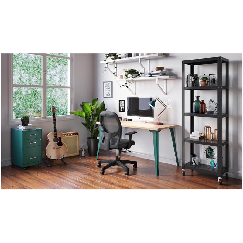 Pemberly Row 27x57 Mid Century Modern Metal Desk - Teal / Platinum Oak