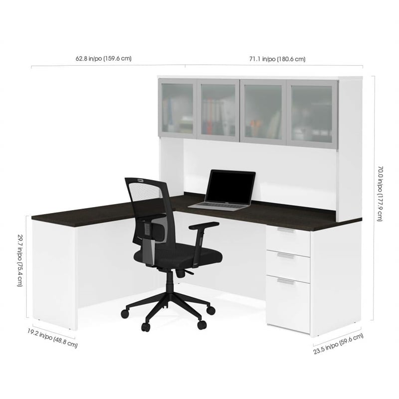 Pemberly Row L Desk with 4 Door Hutch in White and Deep Gray