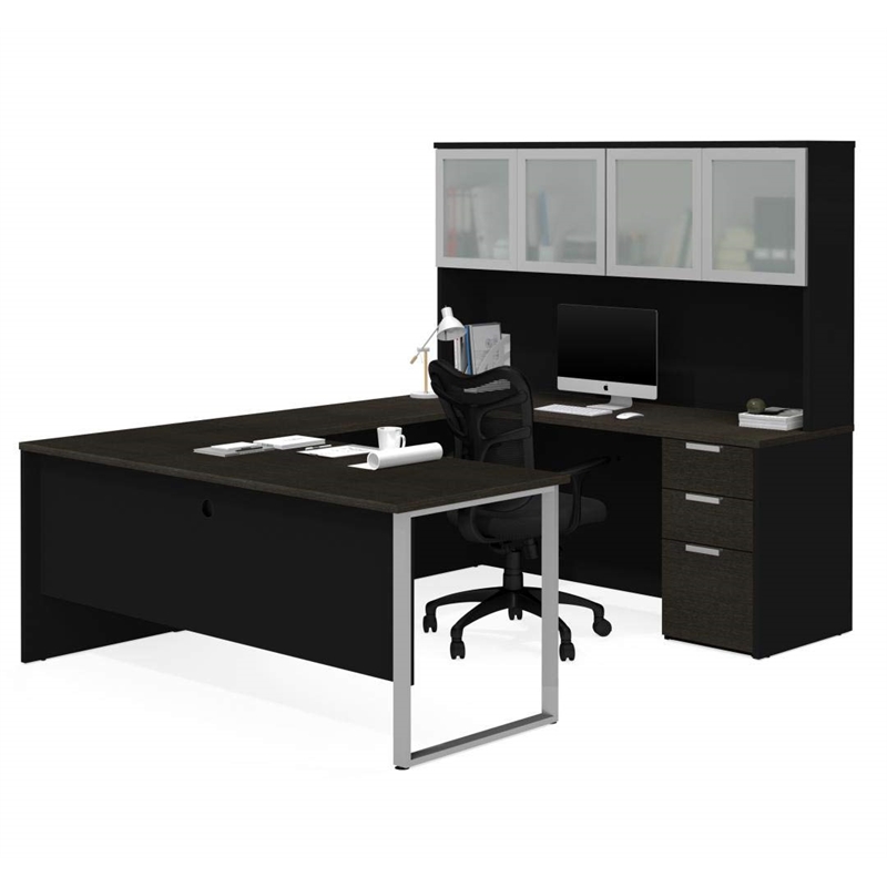Pemberly Row U Desk with 4 Door Hutch in Deep Gray and Black