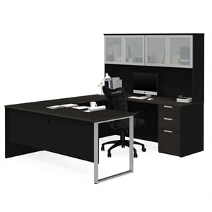 Pemberly Row U Desk with 4 Door Hutch in Deep Gray and Black