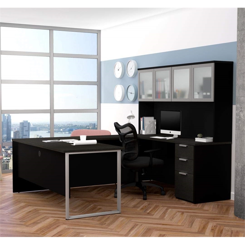 Pemberly Row U Desk with 4 Door Hutch in Deep Gray and Black